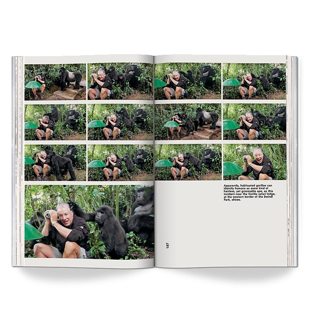 A photo spread from "Countryside, A Report" shows a man in a rural forest interacting closely with gorillas—laughing, mimicking gestures, and sharing playful moments amid the non-urban landscape.