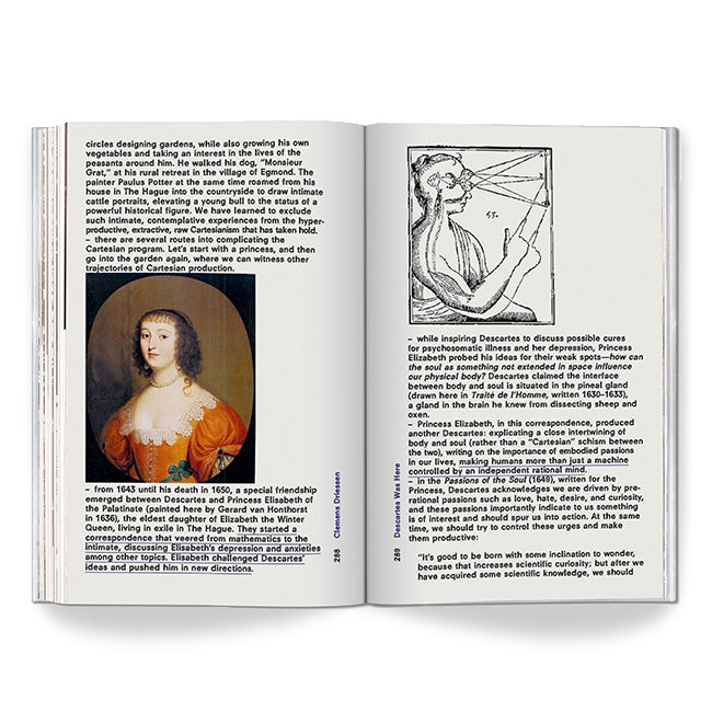 An open book of "Countryside, A Report" shows two pages: the left has text and a color portrait of a woman in a red dress; the right features text and a black-and-white anatomical illustration with references to rural areas.