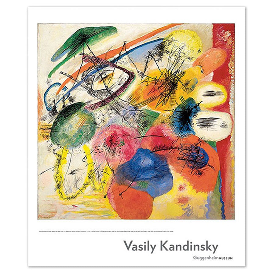 The Vasily Kandinsky: Black Lines Poster shows dynamic, colorful overlapping shapes with red, yellow, blue, green, and black. Exhibited at the Guggenheim, it features a white border and the artist’s name below.
