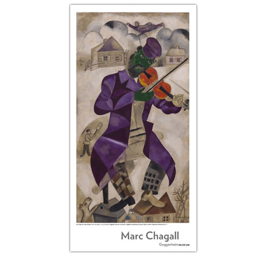 The Marc Chagall: Green Violinist Poster features a vibrant image of a man in a purple coat and green face playing violin on rooftops, with houses and figures below, inspired by the acclaimed artwork in the Guggenheim Permanent Collection.