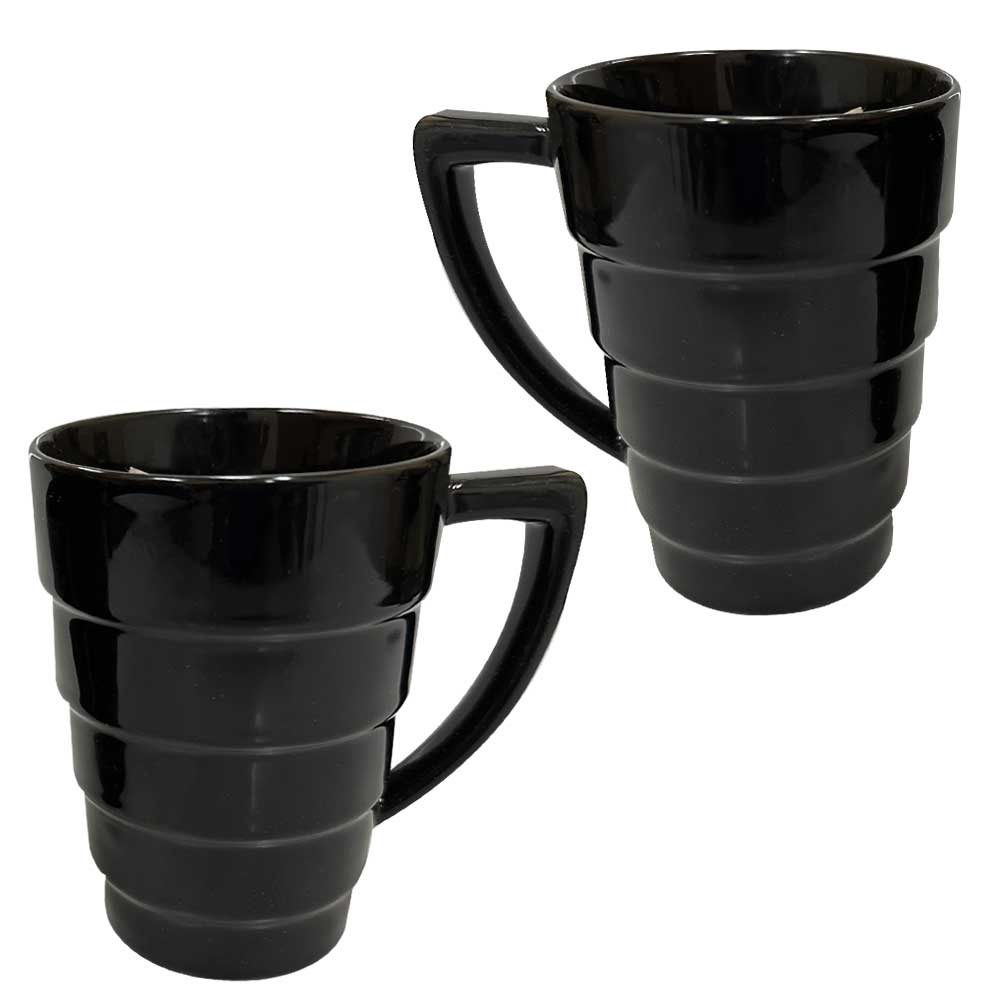 The 1959 Modern Black 12oz Mug Set features two ribbed, tiered mugs with angular handles, displayed side by side on a white background—perfect for adding contemporary elegance to your coffee routine.