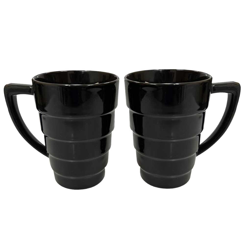 Two 1959 Modern Black 12oz Mugs with large handles and a tiered, ridged design sit side by side on a white background—a stylish mug set ideal for any contemporary kitchen.
