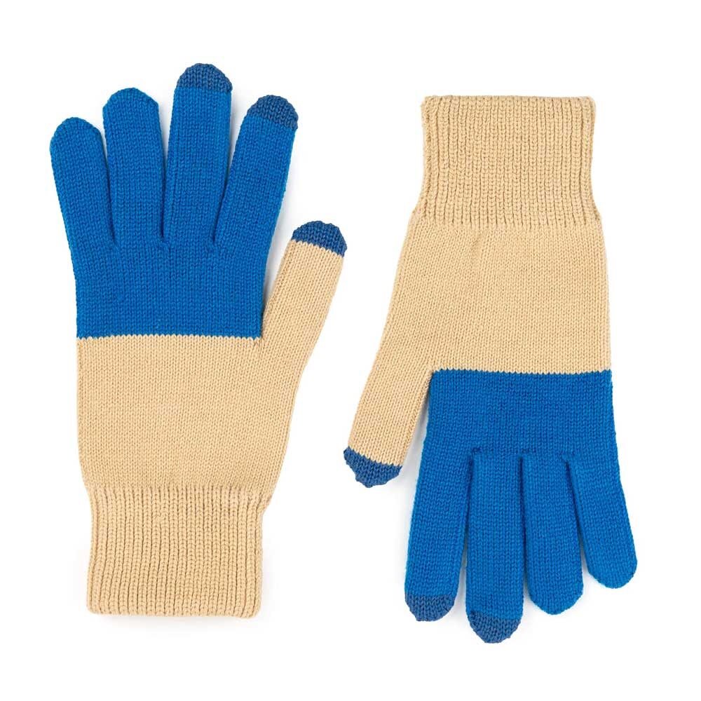 A pair of Colorblock Knit Touchscreen Gloves in cobalt and sand, with beige wrists and palms, blue fingers, and darker blue fingertips and thumb tips. One glove is palm up, one palm down, shown on a white background.