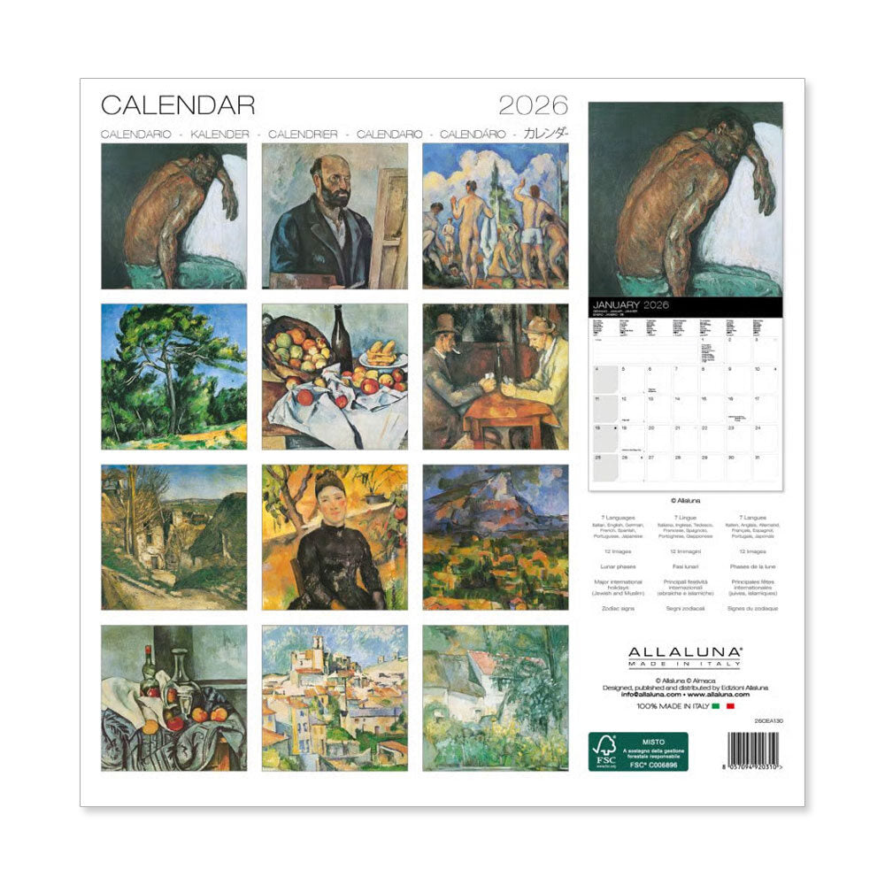 The Cezanne 2026 Wall Calendar's back cover showcases 12 Cézanne paintings, a January 2026 page preview, and Allaluna publisher info—ideal for art lovers wanting a timeless 12" x 12" wall calendar.