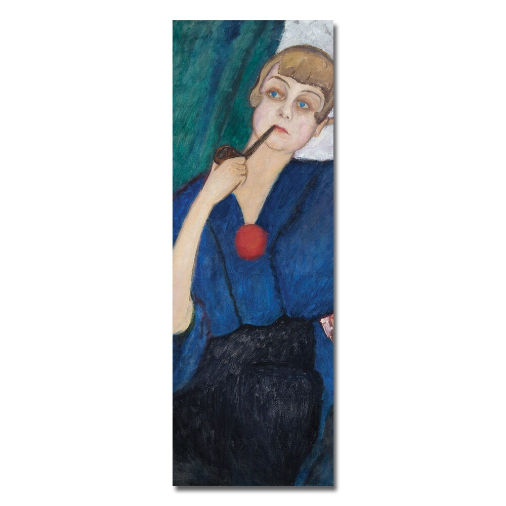 The Gabriele Münter, Portrait of Anna Roslund Bookmark features a woman with short blonde hair in a blue robe and red brooch, seated against a green and white background, holding a pipe in this double-sided print paper bookmark.