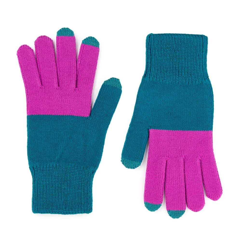 The Colorblock Knit Touchscreen Gloves in teal and magenta feature teal cuffs and palms, magenta fingers, and teal touchscreen-compatible thumb, index, and middle fingertips. They are displayed flat on a white background.