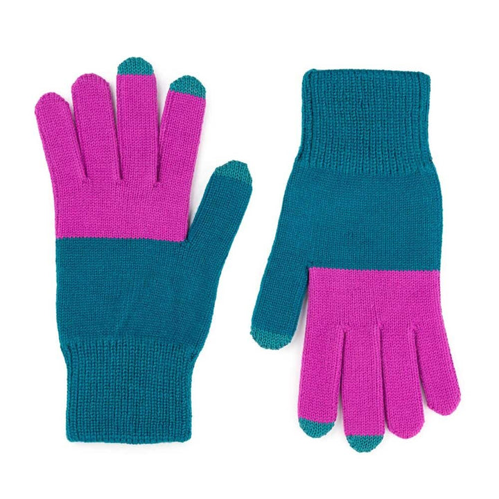 The Colorblock Knit Touchscreen Gloves in teal and magenta feature teal cuffs and palms, magenta fingers, and teal touchscreen-compatible thumb, index, and middle fingertips. They are displayed flat on a white background.