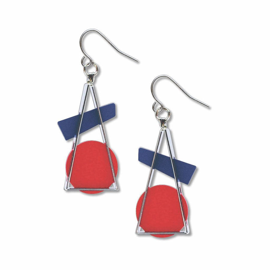 The Kandinsky Earrings, Triangle At Rest, feature silver triangles, red circles, and blue bars with hook ear wires—ideal abstract art earrings for fans of geometric jewelry.