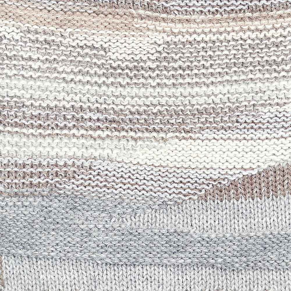 Close-up of Colorado Alpaca Beanie in Charcoal, showing horizontal rows in a gradient of white, beige, and charcoal. The detailed texture highlights individual stitches and the unique variations of baby alpaca yarn.