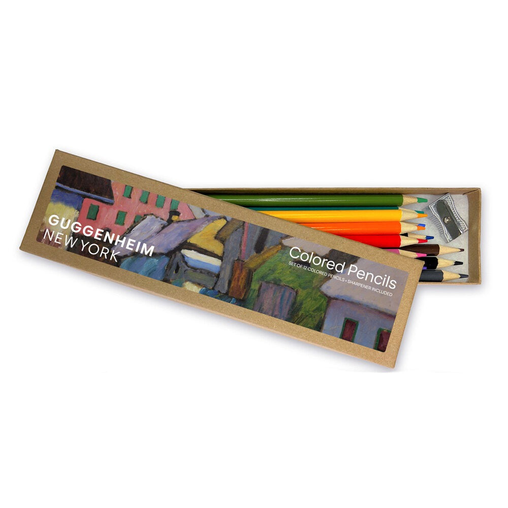 A rectangular box labeled Gabriele Münter, Snow and Sun Colored Pencils holds twelve eco-friendly colored pencils and a sharpener. The lid displays a vibrant abstract painting with the words Colored Pencils.