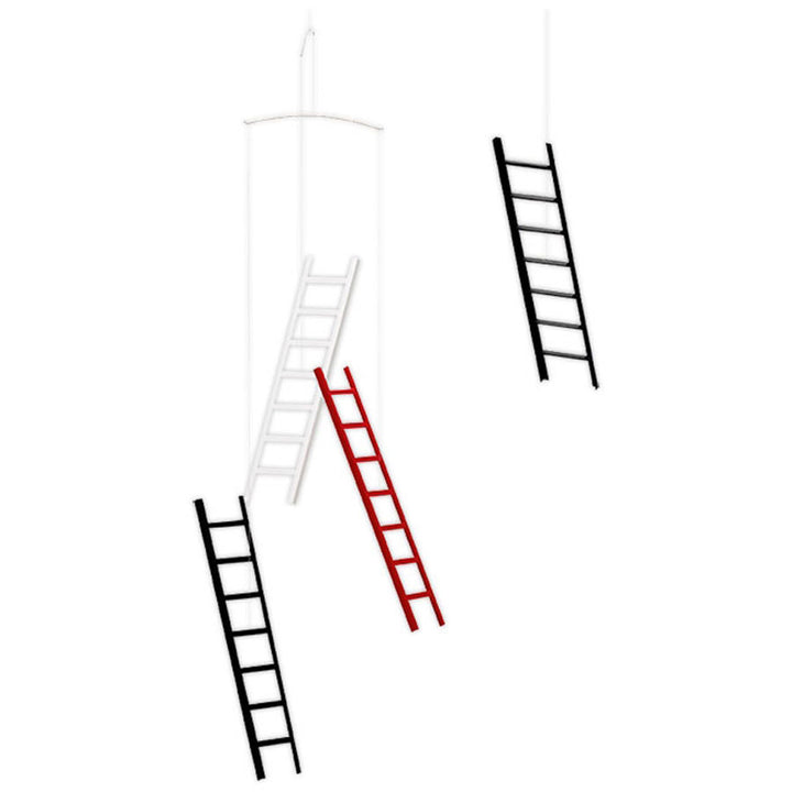 The Ladders Mobile by Flensted features five graphic ladder shapes in black, white, and red cardboard, suspended at varying angles for a striking minimalist display.