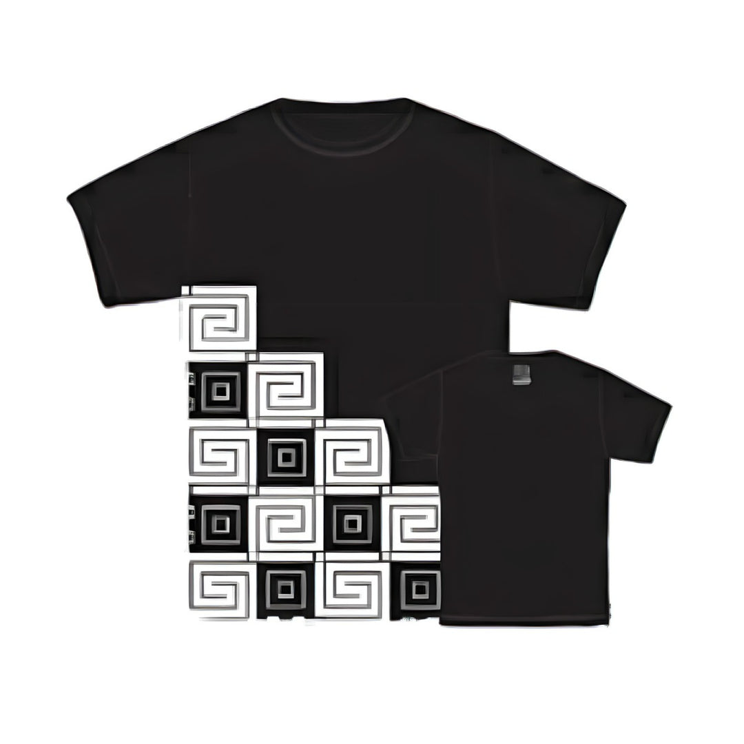 The Frank Lloyd Wright Black & White T-Shirt features geometric square spirals on the lower left side, inspired by Wright’s designs. The back of this stylish shirt remains plain black for a sleek, modern look.
