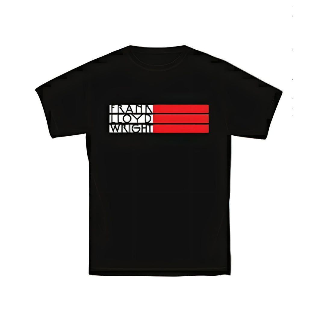 Frank Lloyd Wright Black T-Shirt with “Frank Lloyd Wright” in bold white letters and three red bars on the chest—a must-have for fans of iconic design.