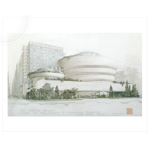 The "Frank Lloyd Wright: Solomon R. Guggenheim Museum Drawing New York NY Poster" features the museum’s iconic cylindrical, spiraling architecture with horizontal lines, greenery at the base, and nearby urban buildings.