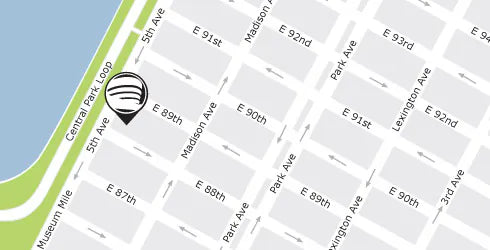 Map showing Central Park, 5th Ave, and a marker at Madison Ave and E 89th St near Museum Mile in New York City.