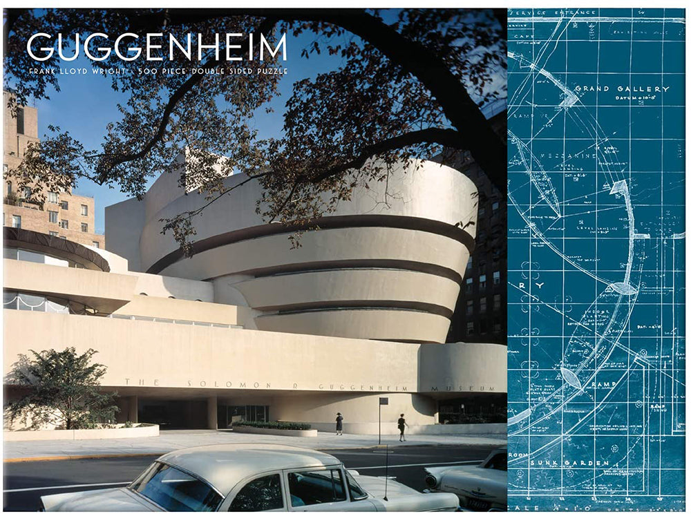 Photo of the Guggenheim Museum’s spiral exterior with vintage cars and trees, plus a blue architectural blueprint. Text: “Frank Lloyd Wright Guggenheim 2-sided 500 Piece Puzzle.”.