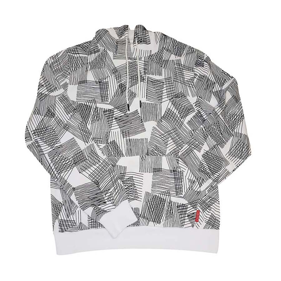The Gego Hoodie, Unisex, is a white zip-up sweatshirt featuring an abstract black line pattern of overlapping rectangles and a small red tag on the lower side, inspired by the Guggenheim Museum.