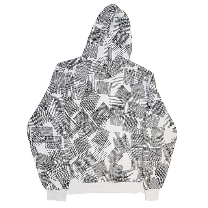 The Gego Hoodie, Unisex, features an abstract black line pattern of overlapping rectangles on white fabric. Photographed flat with the back facing up, it echoes the artistic spirit of the Guggenheim Museum.