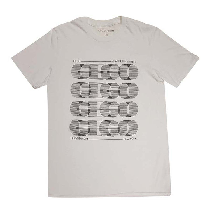 The Gego: Measuring Infinity Logo T-Shirt, Unisex, is a white tee with a black geometric GECO print. Text above and below reads "Gego Measuring Infinity," "Guggenheim Museum," and "NEW YORK.