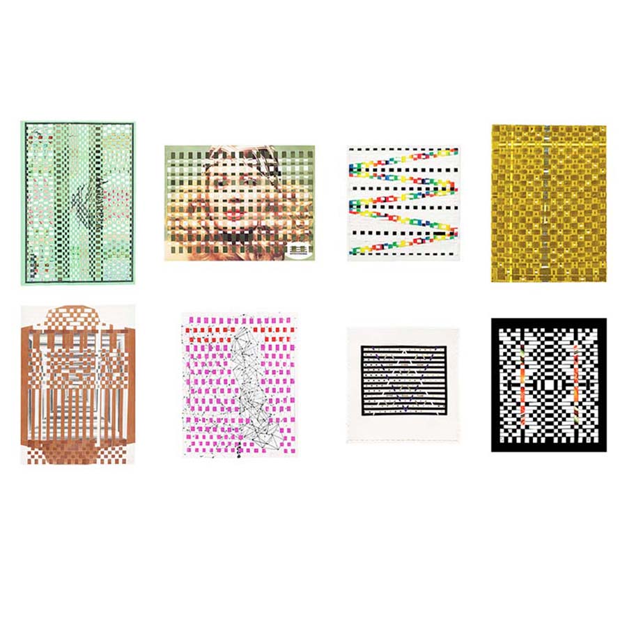 The Gego Tejeduras Postcard Pack includes 8 postcards, each with vibrant abstract geometric patterns—some hinting at faces or figures—arranged in two rows on a white background.