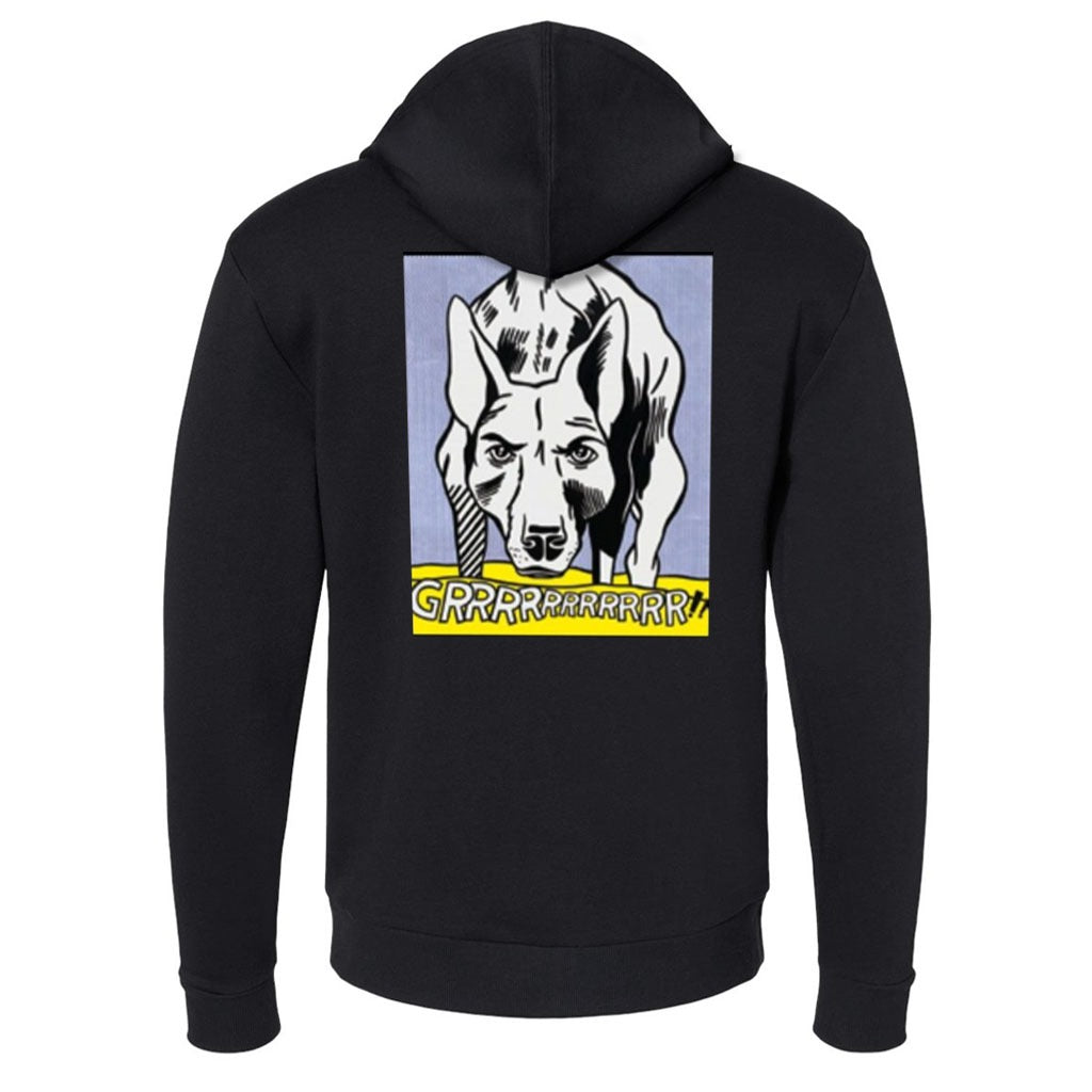 The GRRRRRRRRRRR!! Zip-up Sweatshirt features a comic-style dog graphic growling on the back with a yellow “GRRRRRRRRRRR!” speech bubble—ideal for fans of pop art or Roy Lichtenstein-inspired designs.