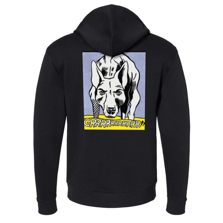 The GRRRRRRRRRRR!! Zip-up Sweatshirt features a comic-style dog graphic growling on the back with a yellow “GRRRRRRRRRRR!” speech bubble—ideal for fans of pop art or Roy Lichtenstein-inspired designs.