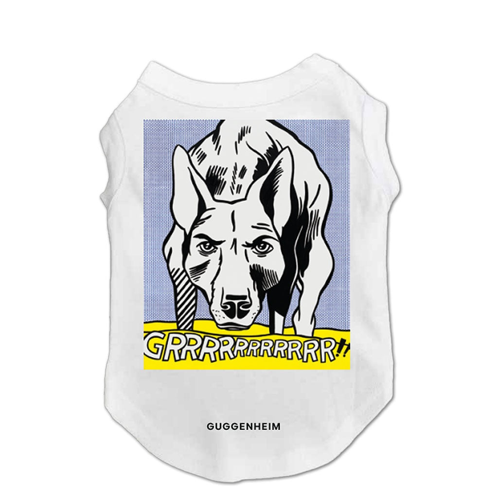 The GRRRRRRRRRRR!! Pet T-Shirt features a white pop art design with a cartoon growling dog, yellow "GRRRRRRRRR!" text below, and "Guggenheim" printed near the bottom.