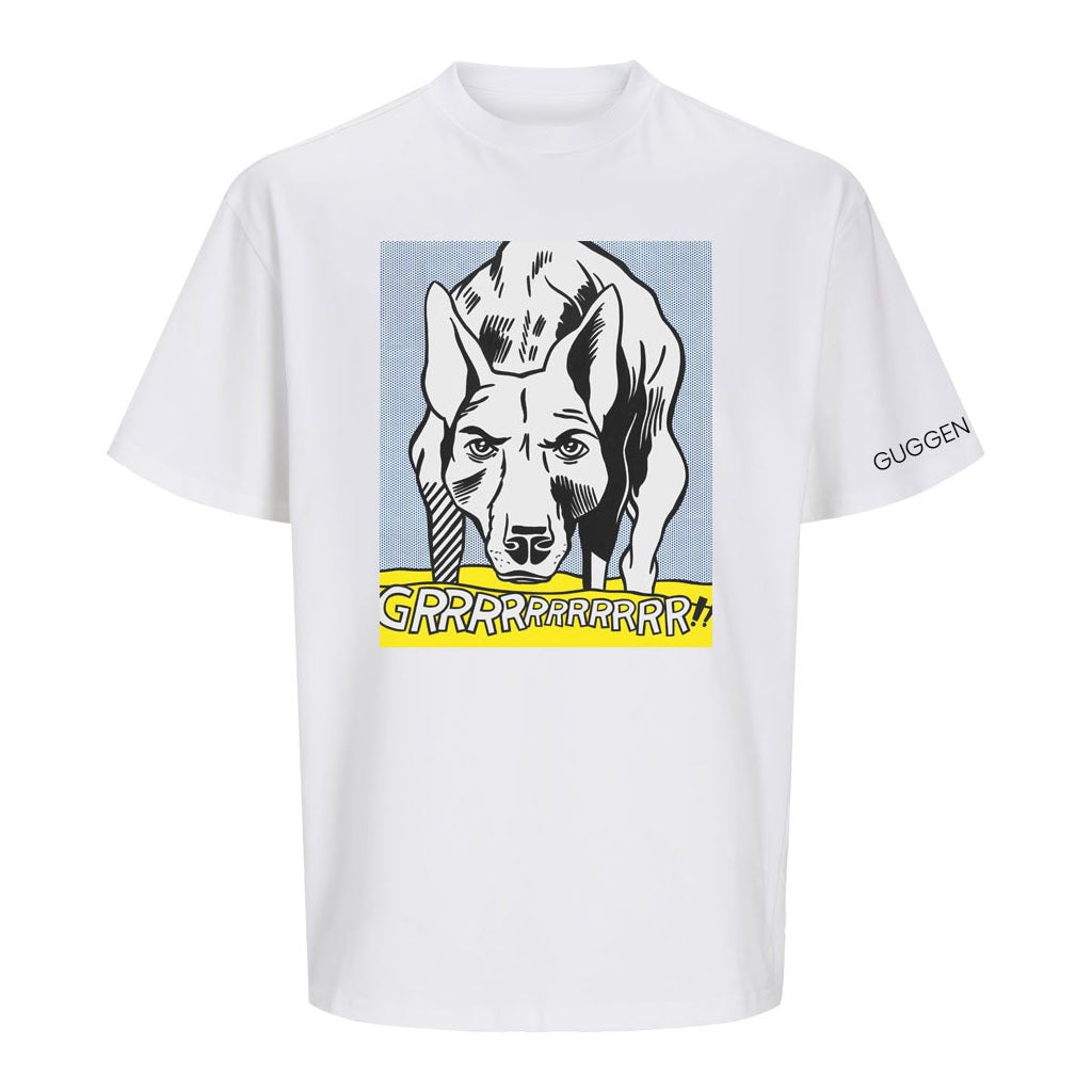The GRRRRRRRRRRR!! T-Shirt is a white pop art tee with a comic-style growling dog, "GRRRRRRRRR!" in bright yellow below, and GUGGENHEIM printed on one sleeve.
