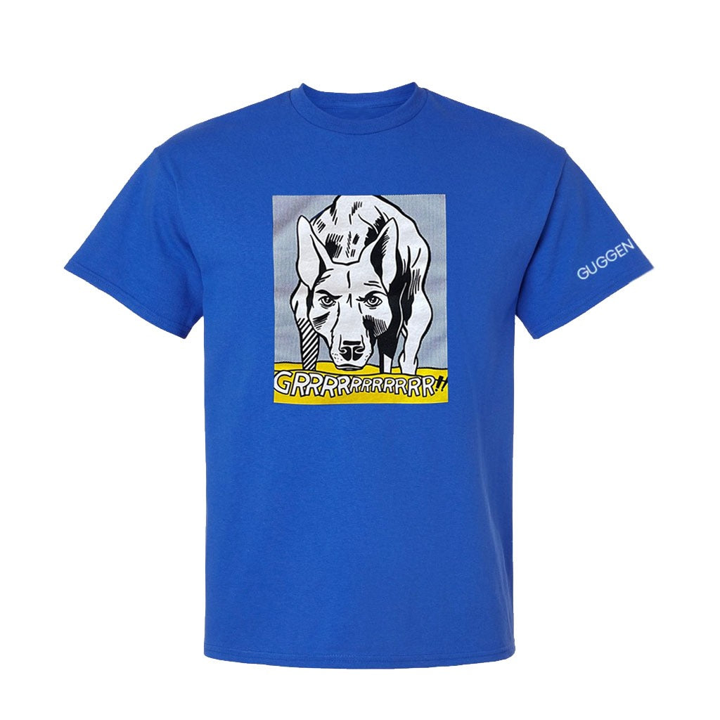 The GRRRRRRRRRRR!! Youth T-Shirt is a blue unisex tee with a comic-style growling dog, "GRRRRRRRRRR!" text, Roy Lichtenstein-inspired design, and GUGGENHEIM printed on the left sleeve.