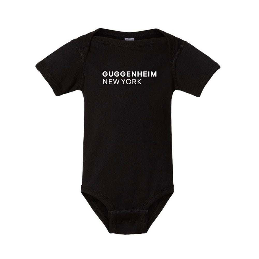 Dress your little trendsetter in the Guggenheim New York Infant Onesie Bodysuit—a black, short-sleeve baby outfit with bold white lettering, inspired by iconic art style.