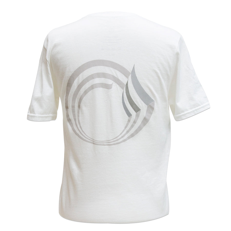 The Guggenheim Rotunda Tee is a unisex white short-sleeve cotton shirt with a large, light gray circular and curved line graphic on the back, inspired by the Guggenheim Logo.