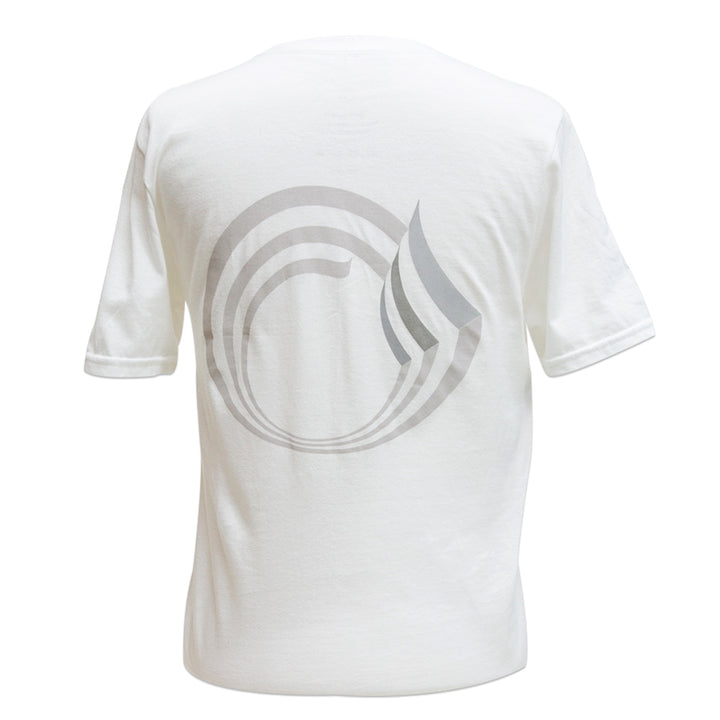 The Guggenheim Rotunda Tee is a unisex white short-sleeve cotton shirt with a large, light gray circular and curved line graphic on the back, inspired by the Guggenheim Logo.