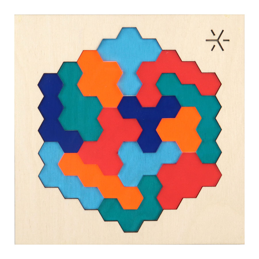 The Adventure Honeycomb Puzzle features interlocking hexagonal wooden pieces in red, orange, teal, blue, and aqua inside a square frame, with a star-like engraving in the top right—an ideal coffee table challenge.
