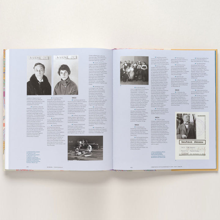 An open book, Vasily Kandinsky: Around the Circle, reveals a two-page spread with black-and-white historical photos—portraits, group images, and seated figures—plus columns of text and photo ID documents, reflecting Bauhaus and European modernism.