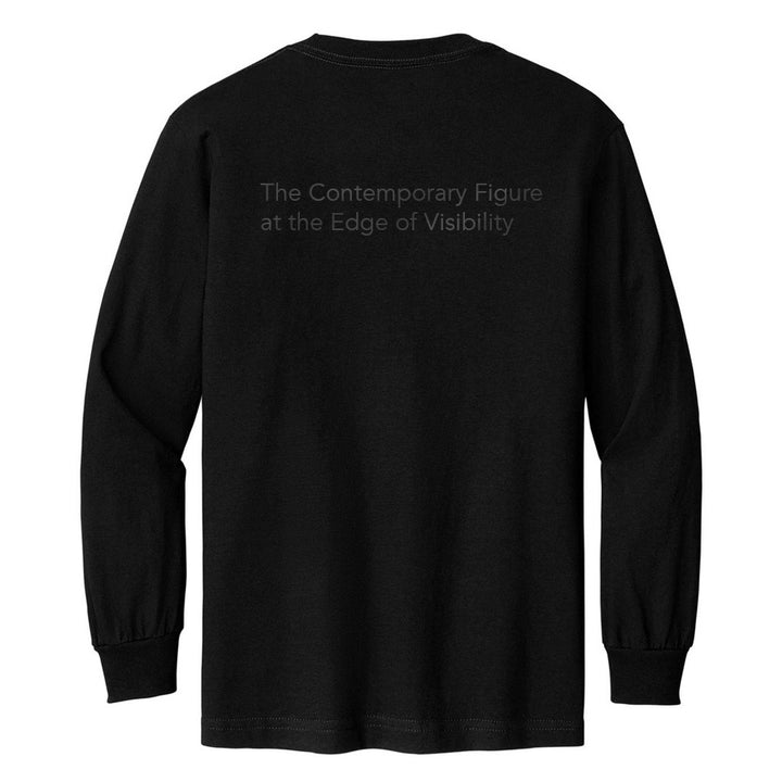 The Guggenheim Going Dark Logo Long Sleeve T-Shirt is a black minimalist shirt with "The Contemporary Figure at the Edge of Visibility" subtly printed in gray on the upper back—ideal contemporary artist apparel.