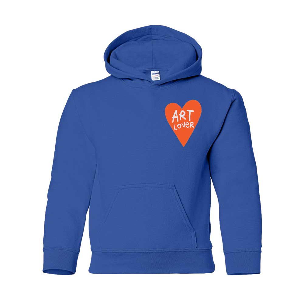 The Art Lover Youth Hooded Sweatshirt is a blue hoodie featuring a red heart graphic and "ART LOVER" in white, handwritten-style letters—an art-inspired design reminiscent of Humberto Cruz.