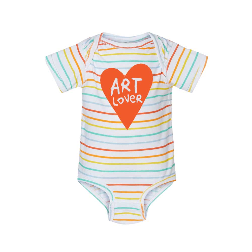 The Art Lover Infant Onesie Bodysuit features rainbow stripes, short sleeves, and an orange heart with "ART LOVER" at the center, inspired by Humberto Cruz baby clothing.