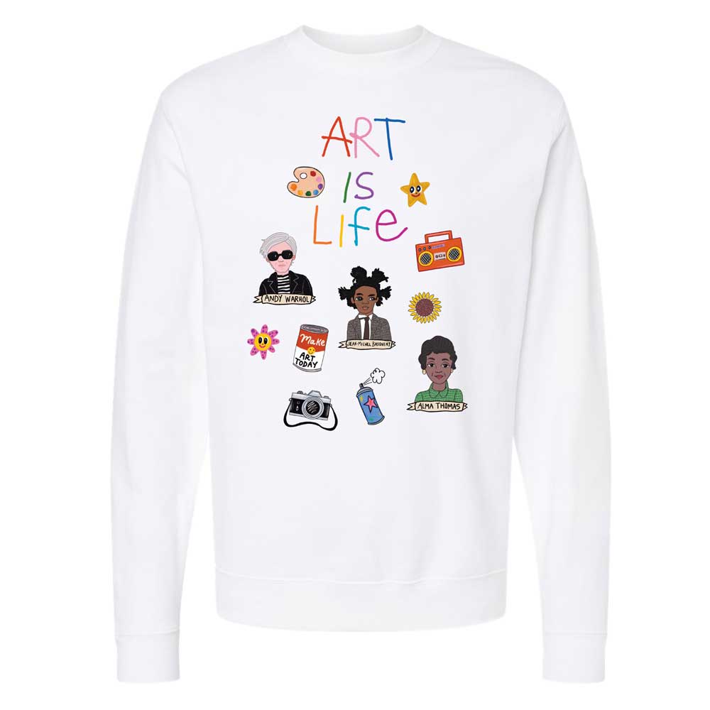The Art is Life Crewneck Sweatshirt features colorful "ART IS LIFE" text above illustrations of diverse artists and art-themed icons—ideal as a unique gift for art lovers or as distinctive Humberto Cruz apparel.