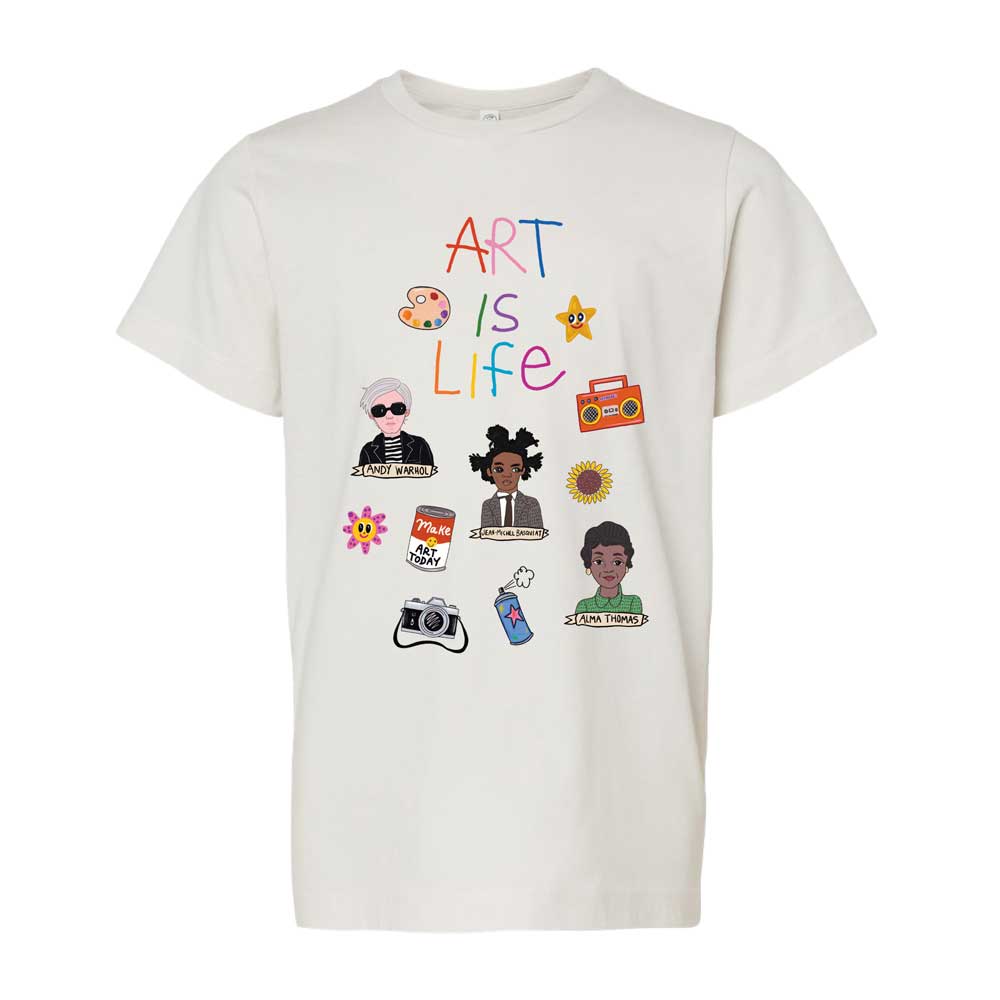 The Art Is Life Youth T-Shirt features colorful text, vibrant icons, and three diverse people, plus a camera, paint palette, spray can, flower, cassette tape, and gold star—perfect for young artists inspired by creativity.