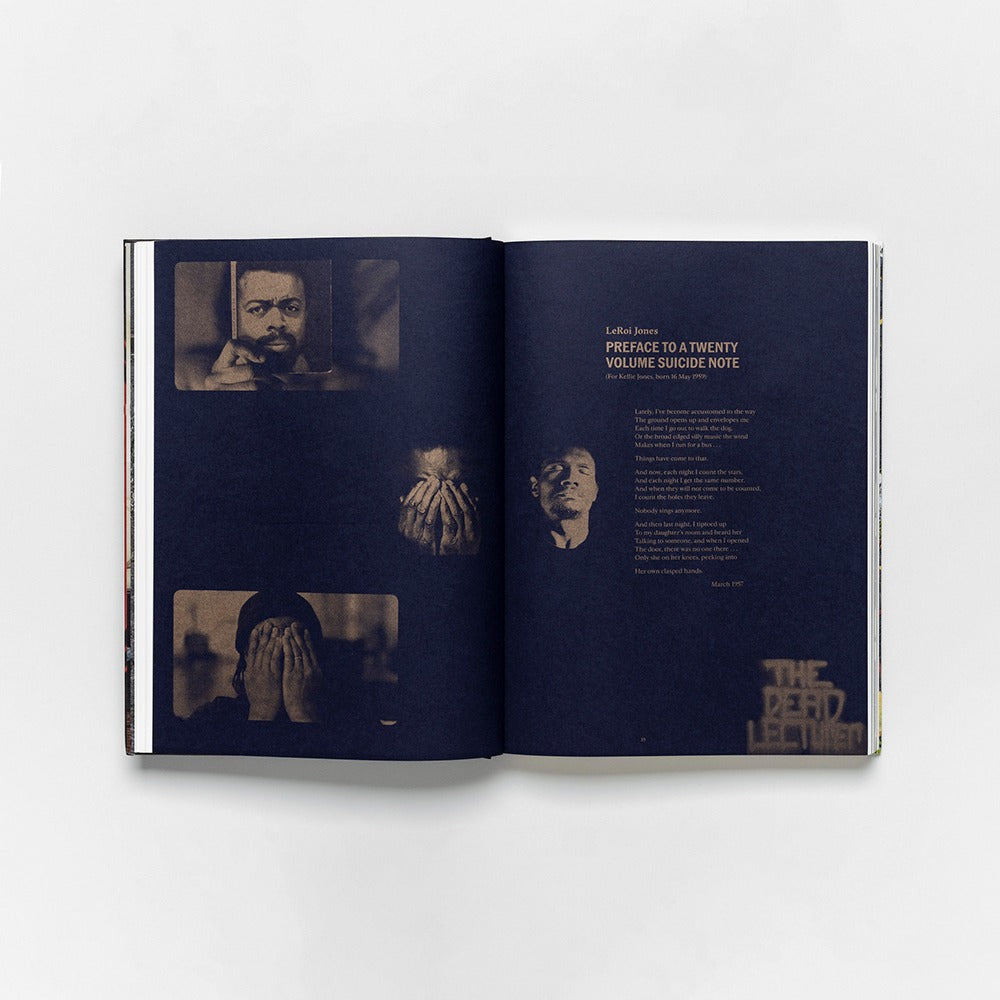 An open book displays a dark-themed spread with sepia portraits and text, titled Rashid Johnson: A Poem for Deep Thinkers, evoking the contemporary art style of Rashid Johnson’s site-specific installations.