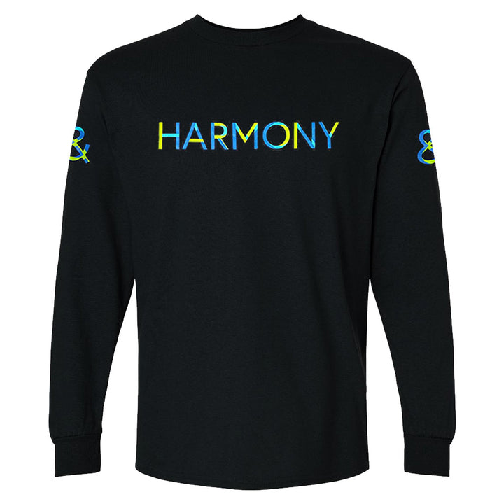 The Harmony and Dissonance Long Sleeve T-Shirt is a black unisex cotton tee with HARMONY in blue-yellow gradient letters on the chest and matching ampersands on each sleeve, inspired by Orphism abstract art.