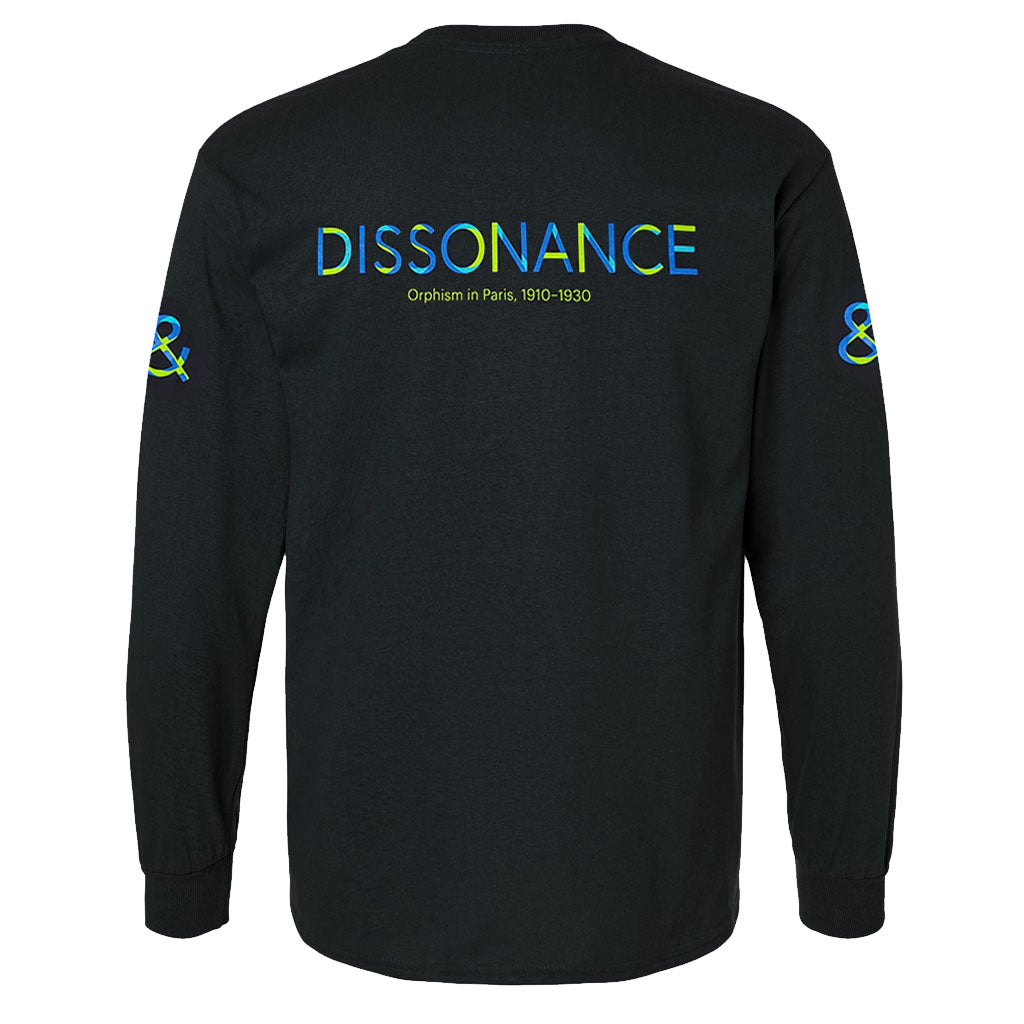The Harmony and Dissonance Long Sleeve T-Shirt is a unisex cotton tee with DISSONANCE in blue and green on the back, Orphism in Paris, 1910–1930 in yellow below, and blue and green ampersands on each sleeve for an abstract art look.