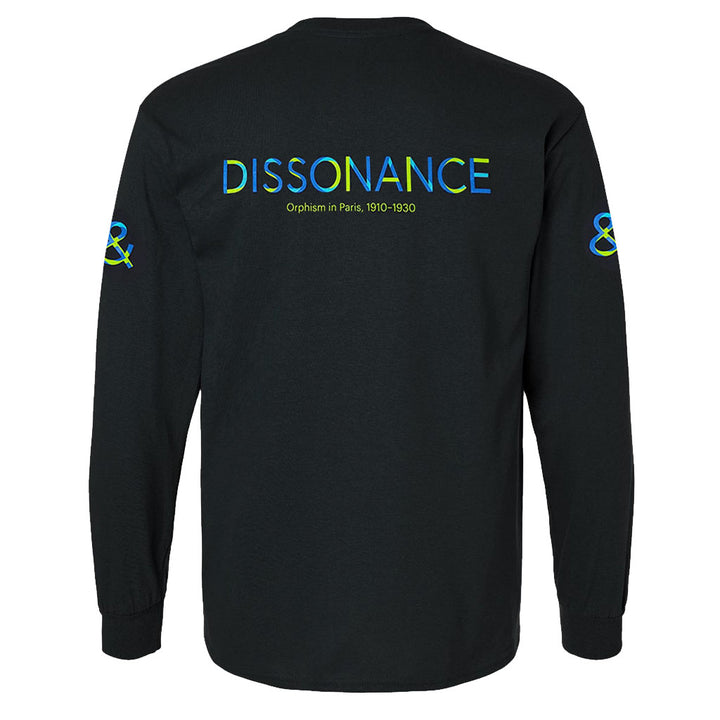 The Harmony and Dissonance Long Sleeve T-Shirt is a unisex cotton tee with DISSONANCE in blue and green on the back, Orphism in Paris, 1910–1930 in yellow below, and blue and green ampersands on each sleeve for an abstract art look.