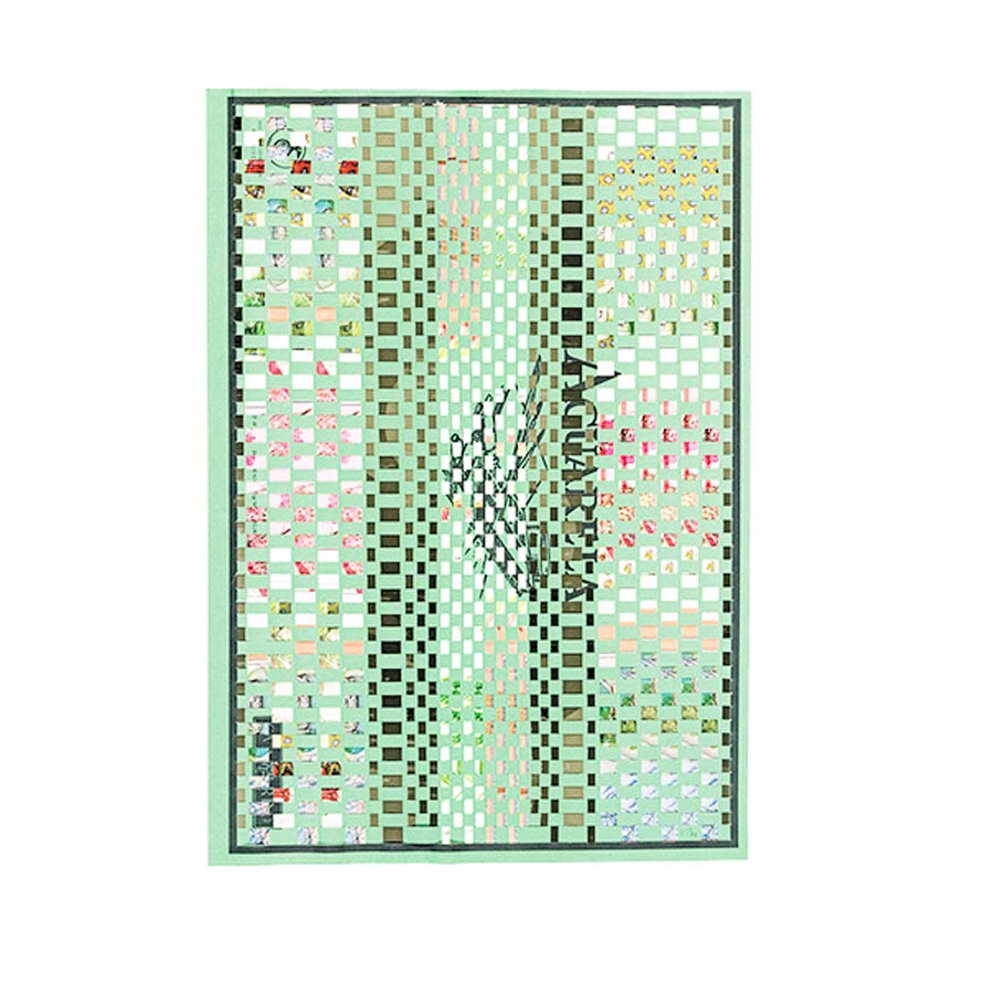 The Gego Tejeduras Postcard Pack (set of 8) features rectangular postcards with green and pastel grid patterns, overlapping geometric shapes, and handwritten text, all bordered by a light green frame. Perfect for gifting or collecting.