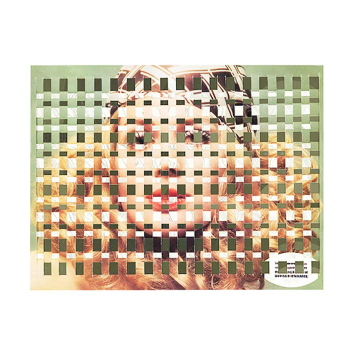 The Gego Tejeduras Postcard Pack (set of 8) features a portrait of a woman with curly blonde hair and red lipstick overlaid by a woven crisscross pattern, partially obscuring her face for a unique, fragmented visual effect.