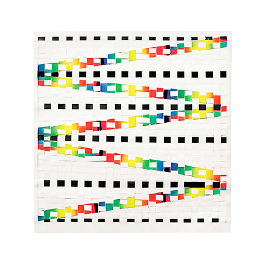 The Gego Tejeduras Postcard Pack (set of 8) features white square postcards with grids of small black squares and five colorful zigzag diagonal lines—perfect for unique individual notes or to add to any postcard collection.