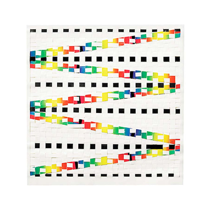 The Gego Tejeduras Postcard Pack (set of 8) features white square postcards with grids of small black squares and five colorful zigzag diagonal lines—perfect for unique individual notes or to add to any postcard collection.