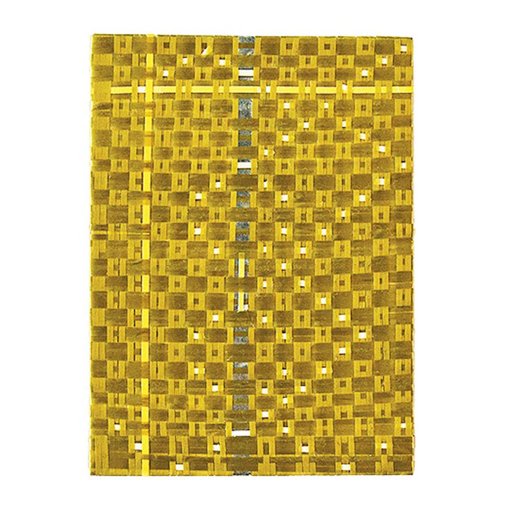 The Gego Tejeduras Postcard Pack (set of 8) features rectangular postcards with a woven yellow and brown pattern, small square openings, and a silver vertical line—ideal for mailing or sparking your next postcard design.