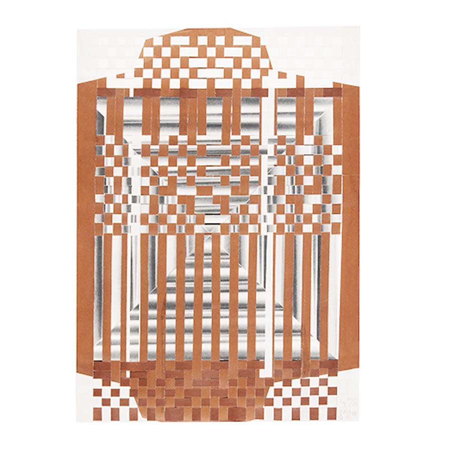 Gego Tejeduras Postcard Pack, set of 8, showcases abstract artwork with brown, white, and gray geometric shapes forming a symmetrical grid-like design. Share or collect these unique architectural postcards.