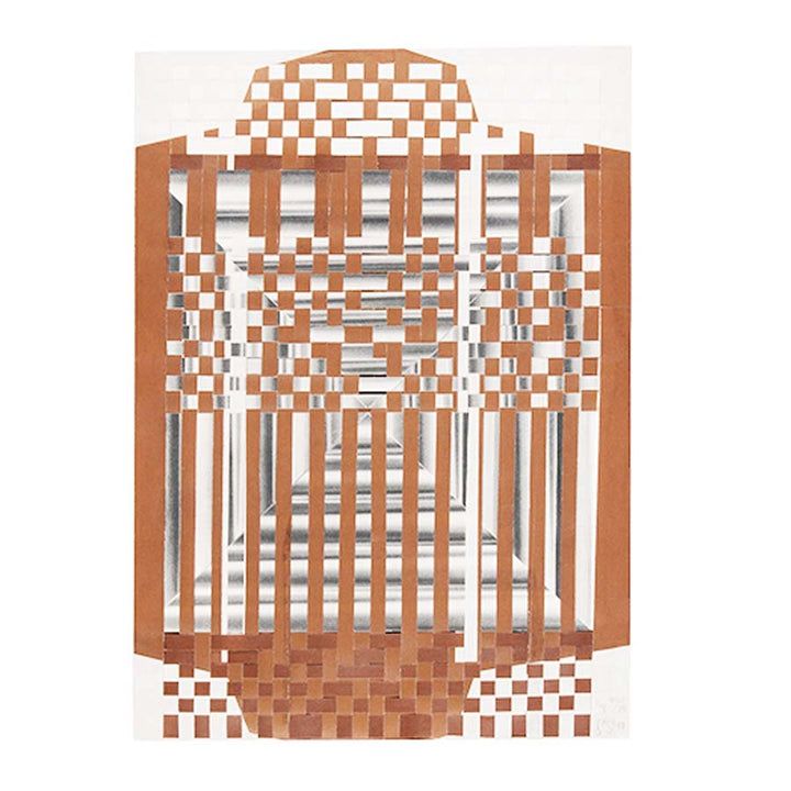 Gego Tejeduras Postcard Pack, set of 8, showcases abstract artwork with brown, white, and gray geometric shapes forming a symmetrical grid-like design. Share or collect these unique architectural postcards.